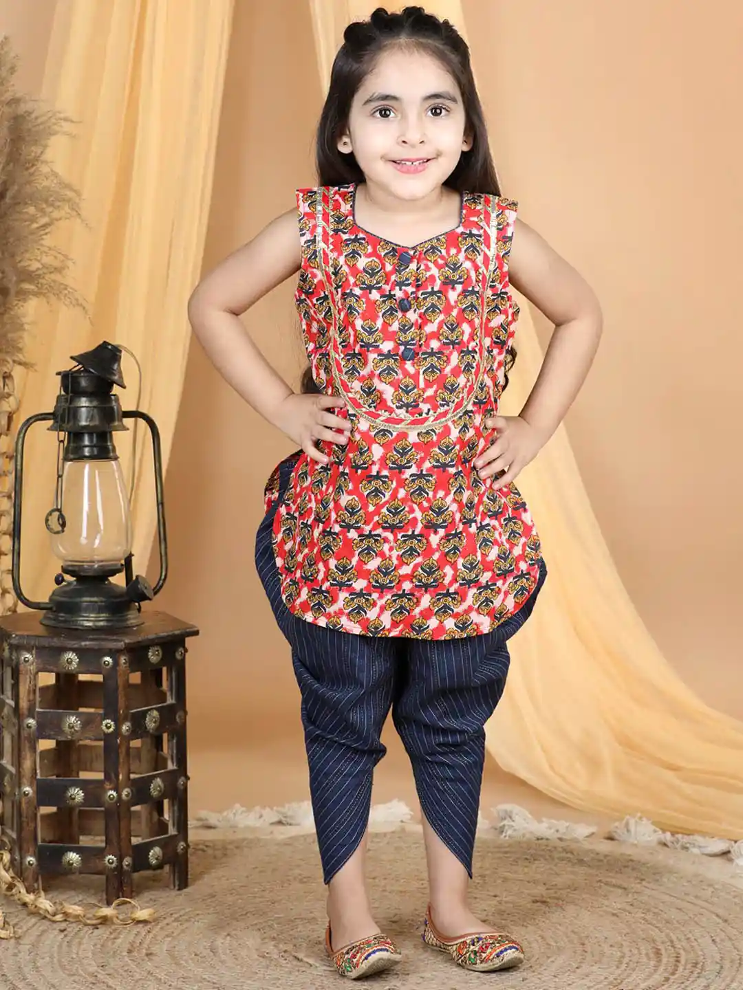 Here&Now X Kinder Kids Girls Floral Printed Regular Pure Cotton Kurti With  Dhoti Pants