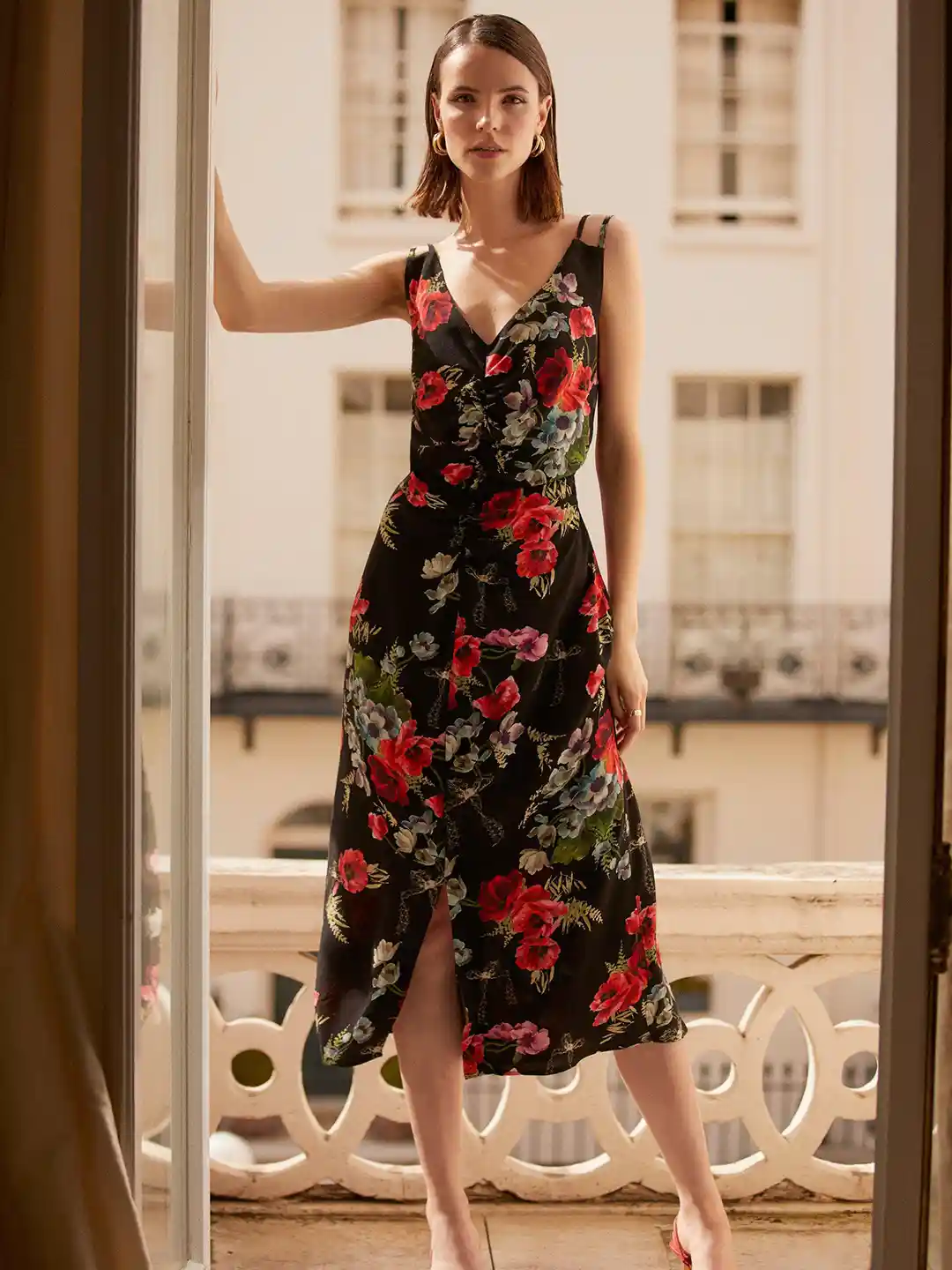 OASIS Floral Print Tie-Up Open-Back A-Line Midi Dress