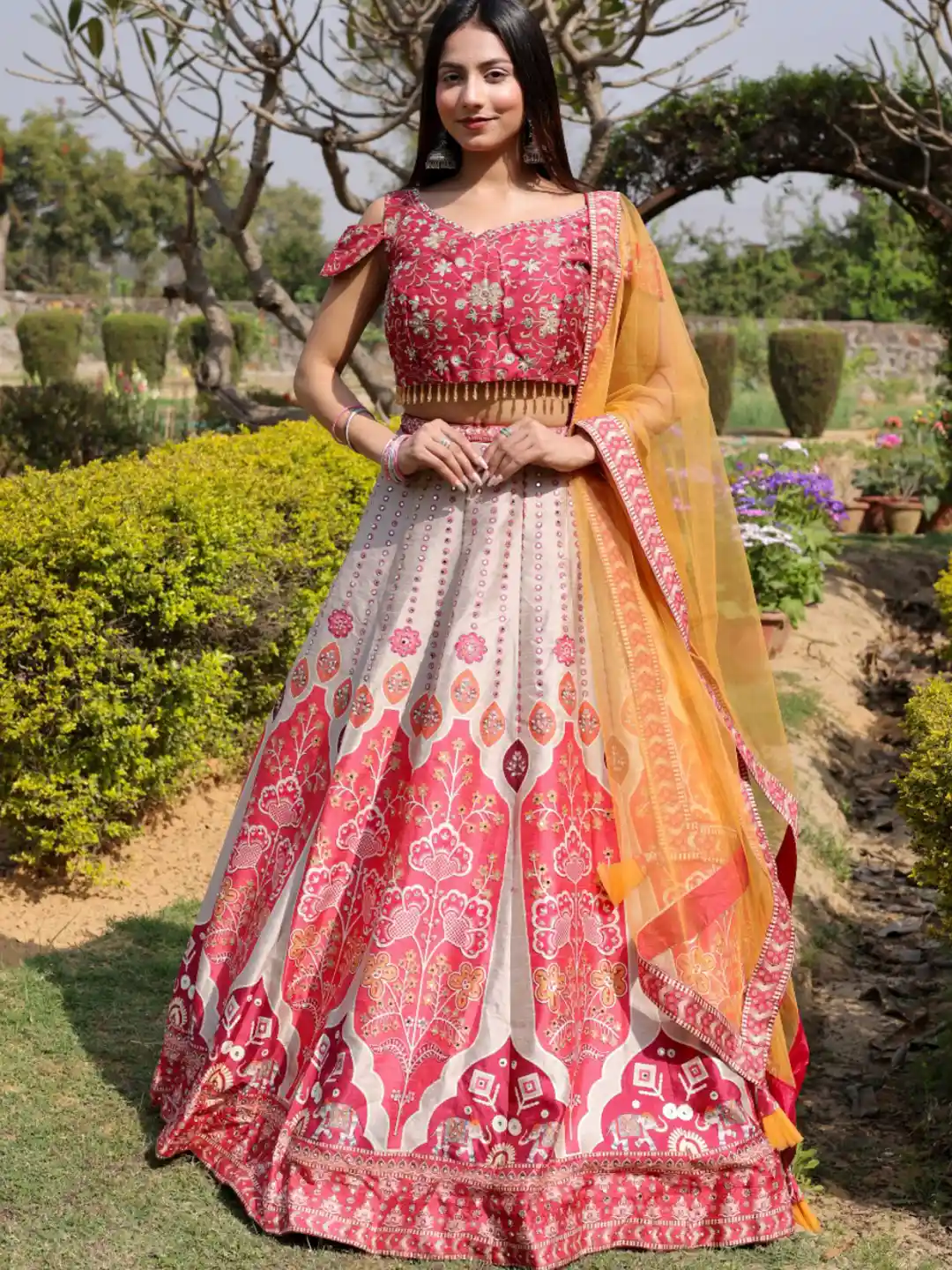 Buy Chhabra 555Pink Yellow Digital Printed Crop Top Lehenga Set