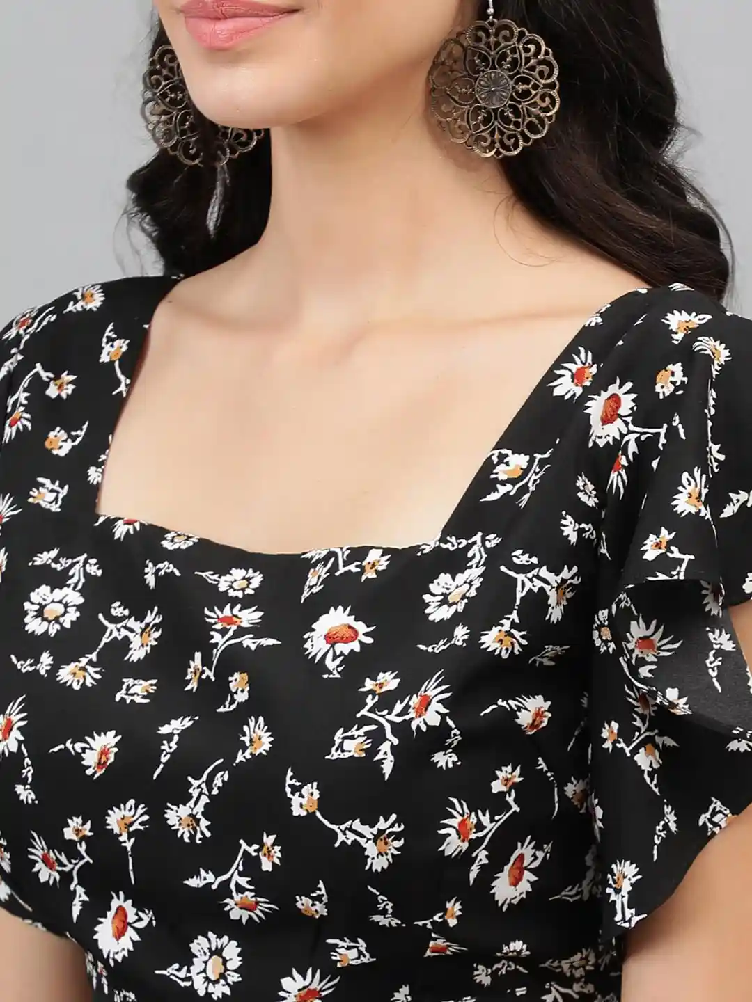 Buy Kotty Black Floral Print Flutter Sleeve Crop Top - Tops