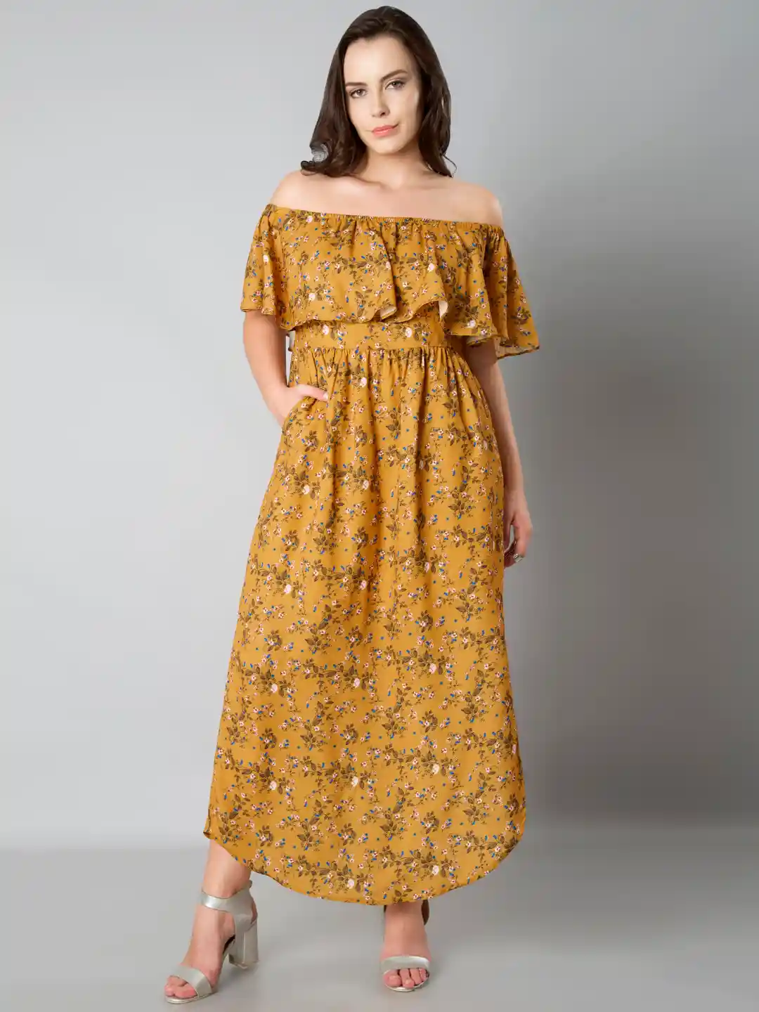 Buy FabAlley Curve Plus Size Women Mustard Printed Maxi Dress