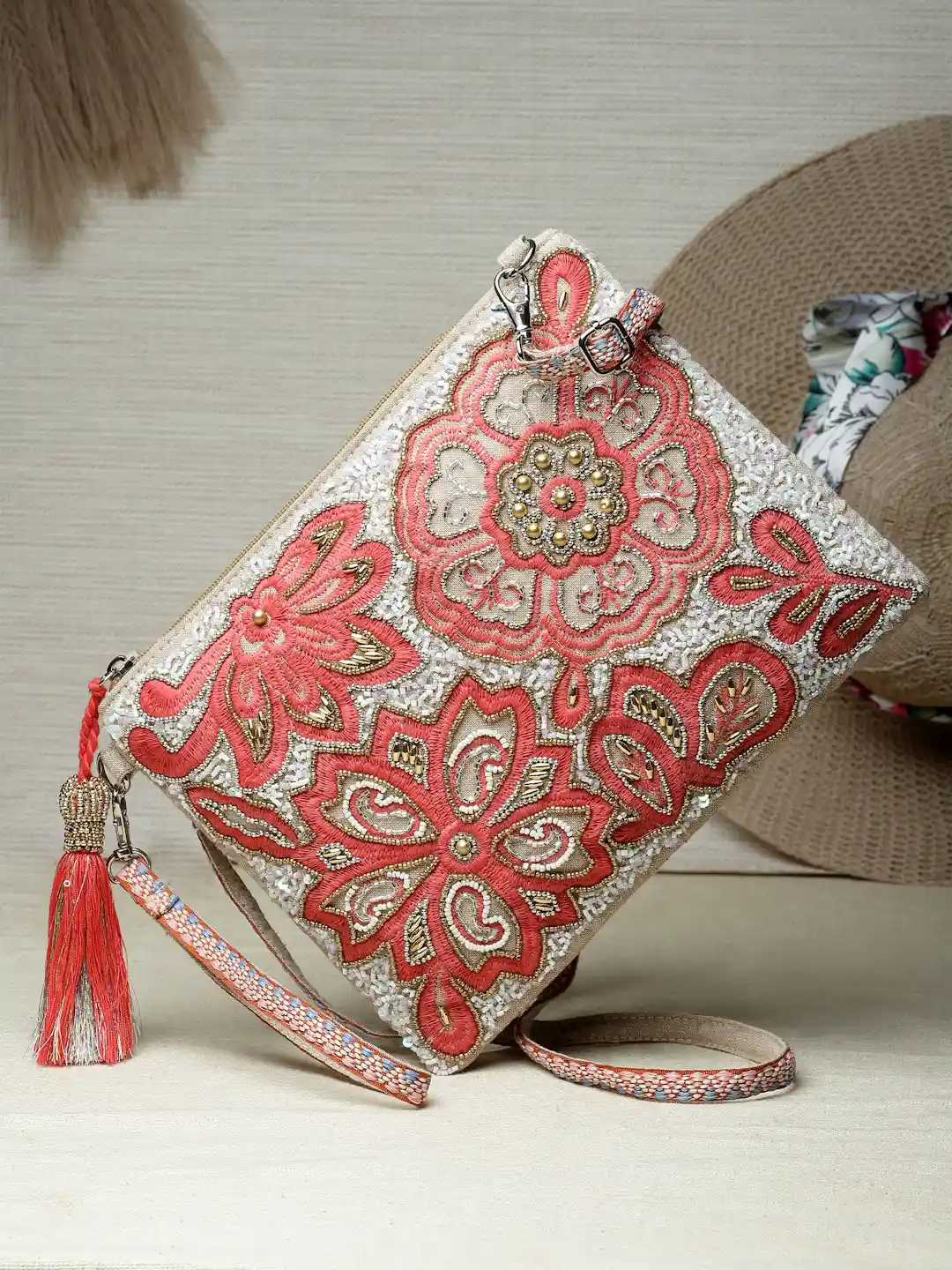 Buy Anekaant Floral Embellished Pouch Structured Cotton Canvas