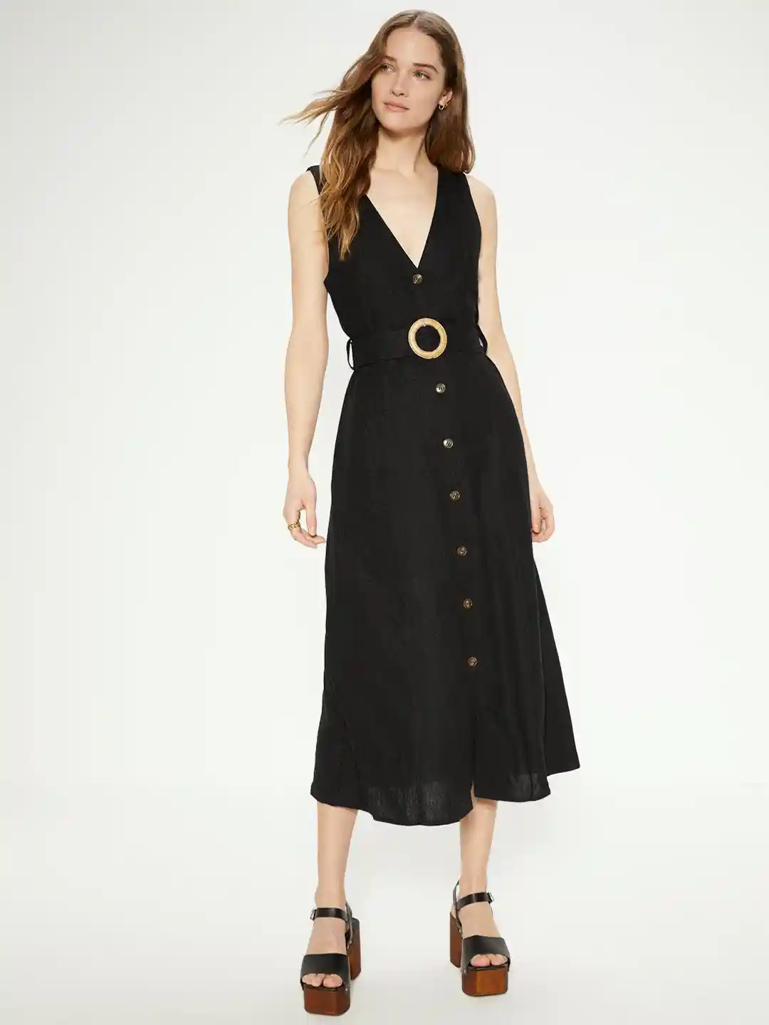 OASIS Linen Blend Belted Shirt Midi Dress