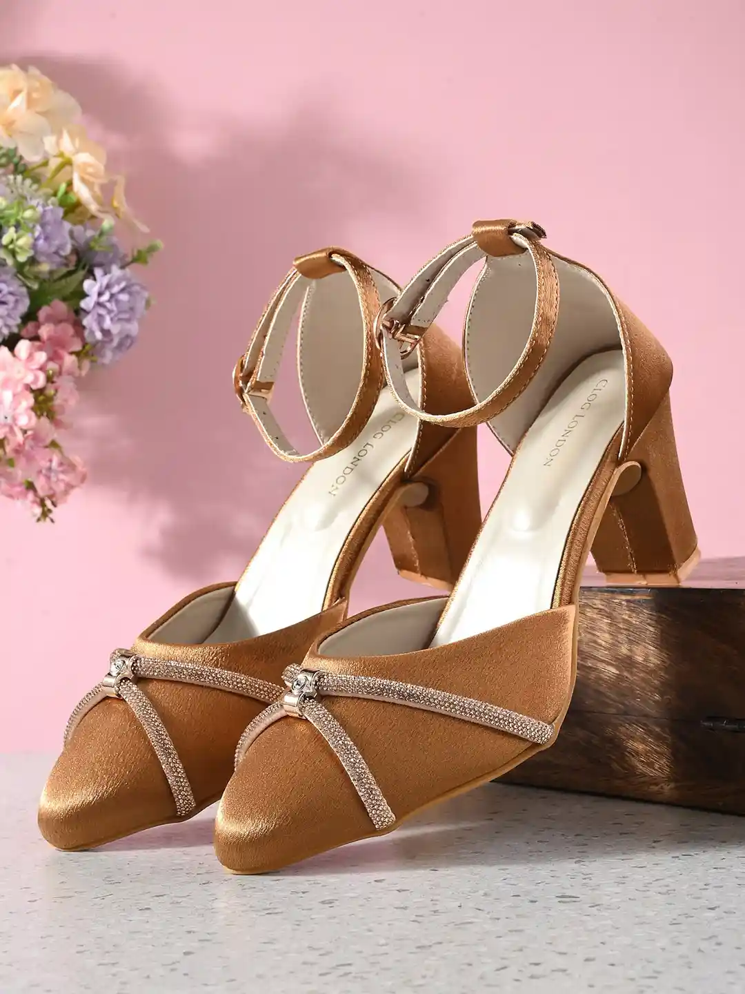 CLOG LONDON Pointed Toe Embellished Block Heels With Ankle Loop