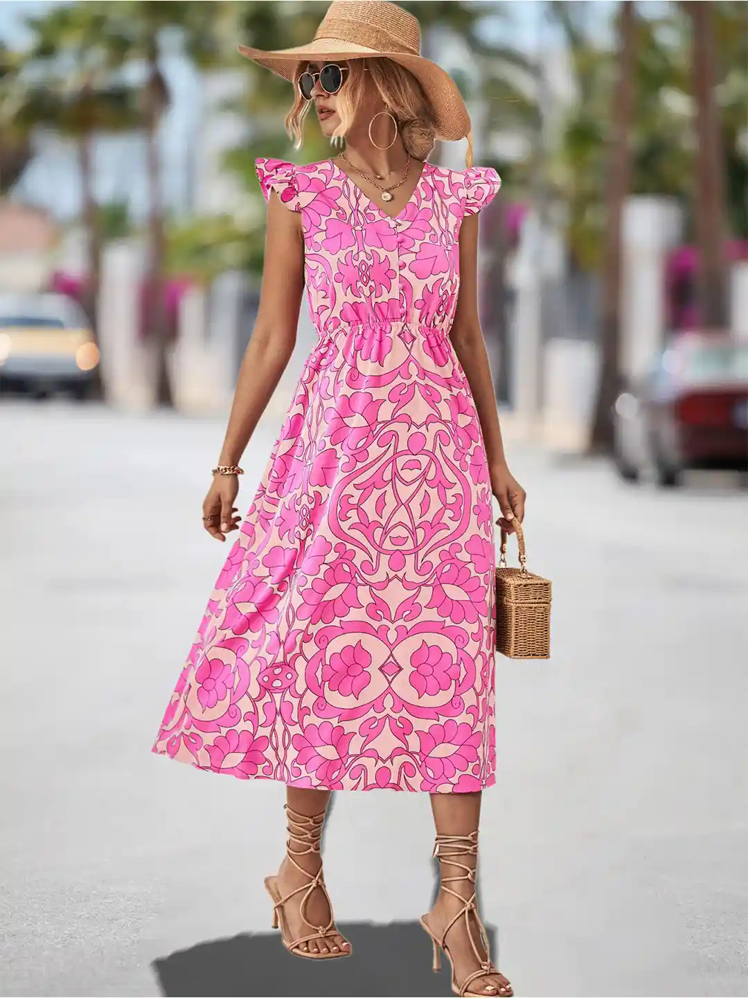 Buy StyleCast Pink Floral Printed Cinched Waist Fit Flare Midi