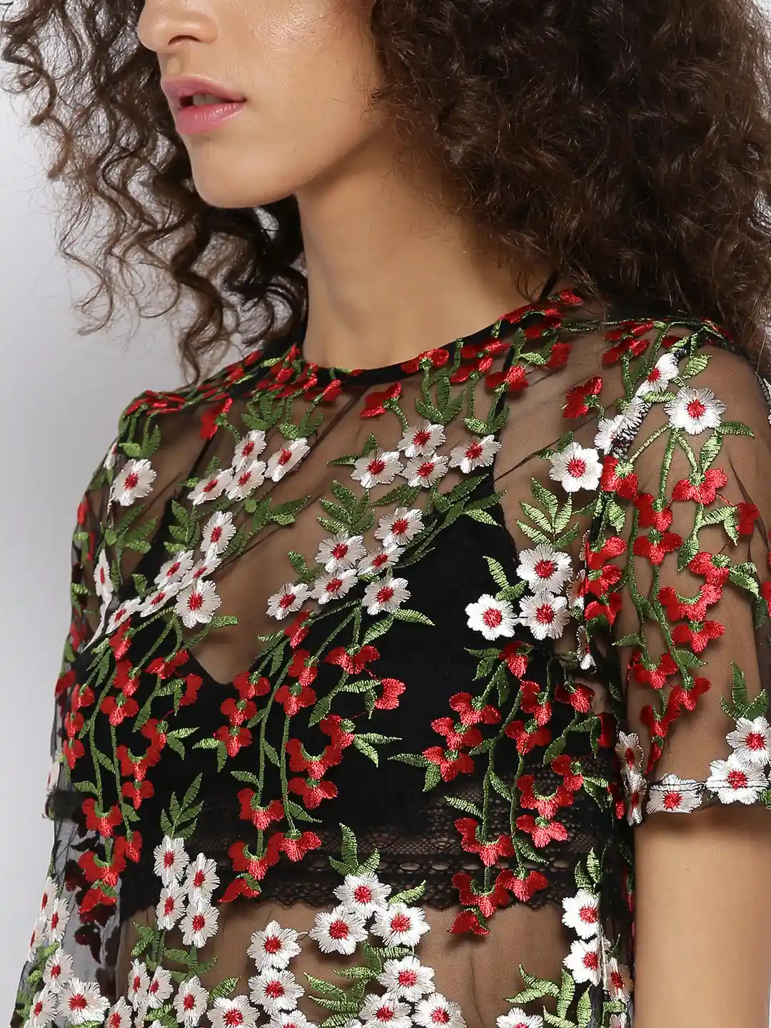 Buy FOREVER 21 Women Black Sheer Embroidered Crop Top Tops for