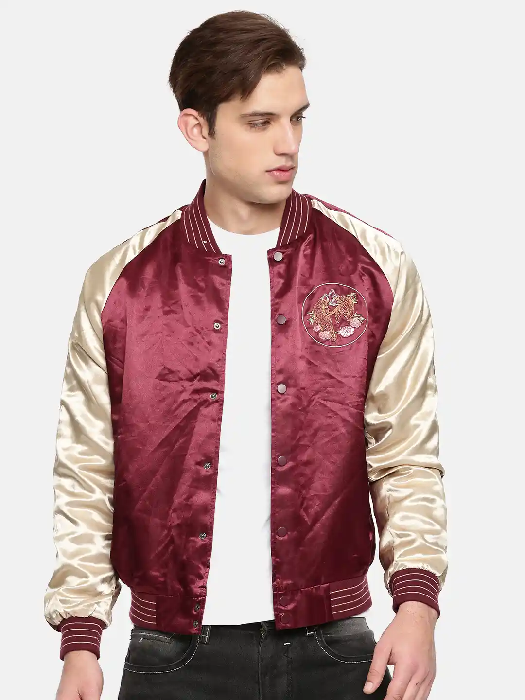 Buy FOREVER 21 Men Burgundy Back Embroidered Bomber Jackets for
