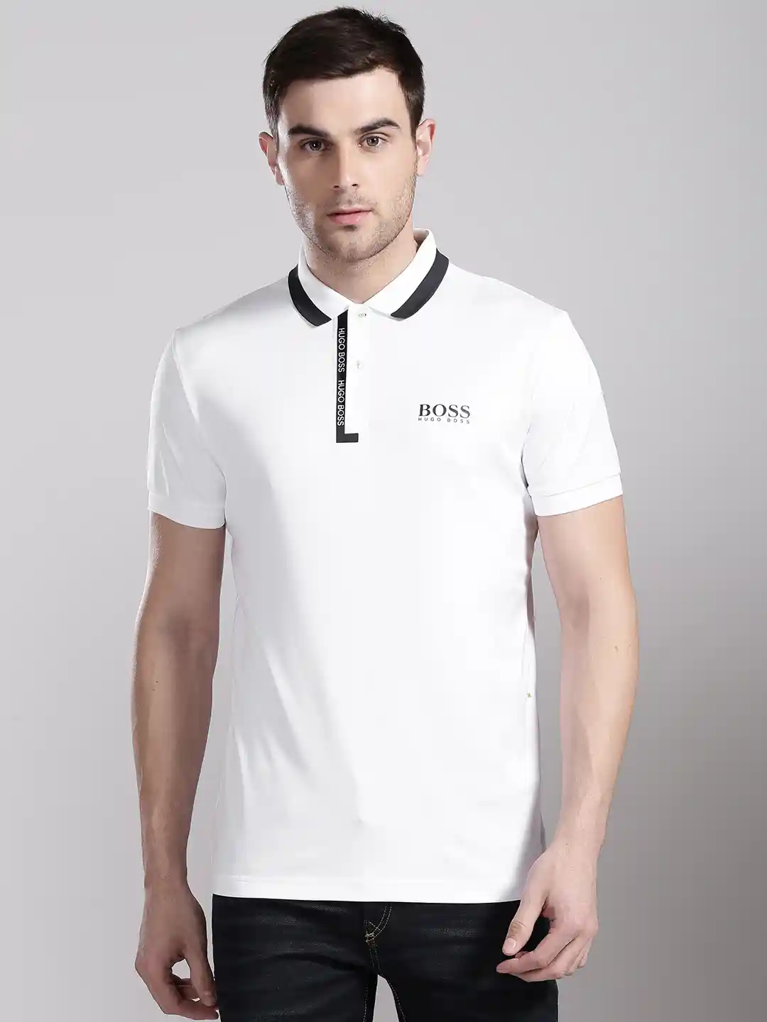 Buy BOSS Green Men White Solid Polo Collar T-shirt Tshirts for