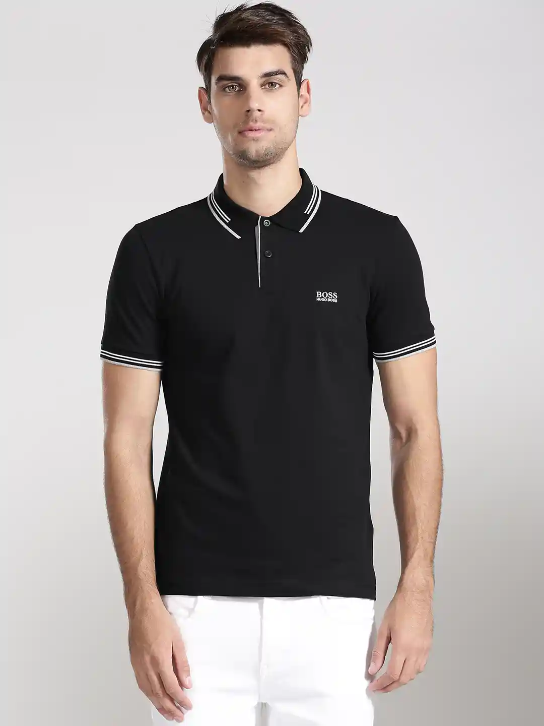 Buy BOSS Green Men Black Solid Polo Collar T-shirt Tshirts for