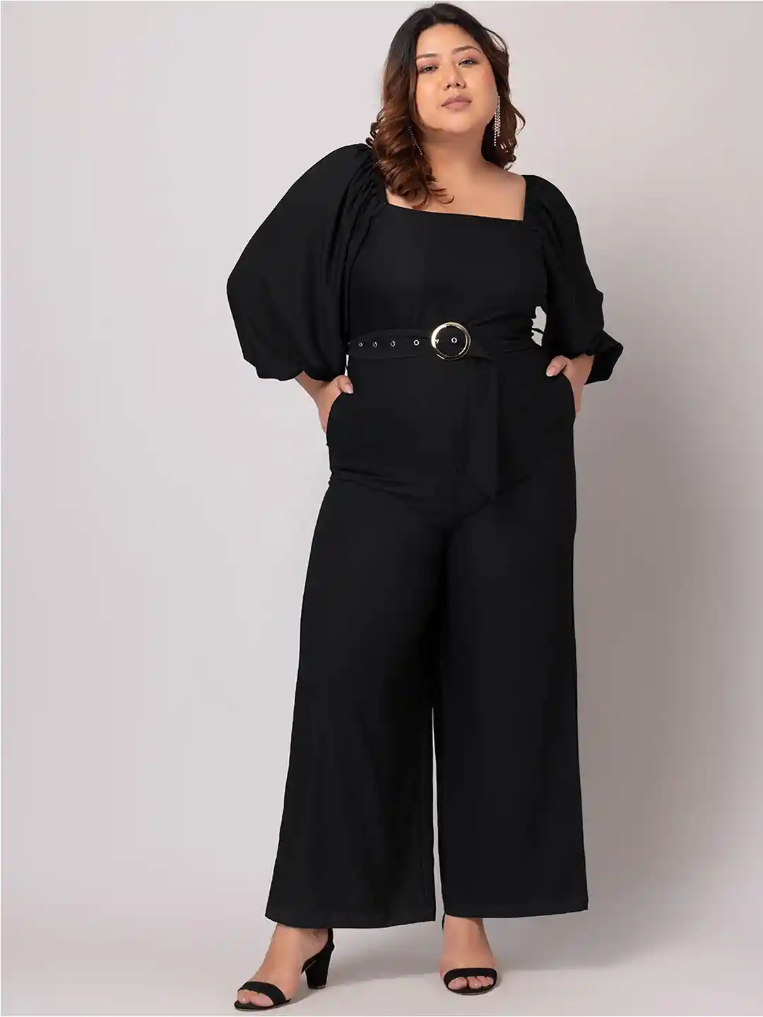Plus Size Culotte Jumpsuit FabAlley Curve Plus Size Square Neck Puff  Sleeves Culotte Jumpsuit With Belt