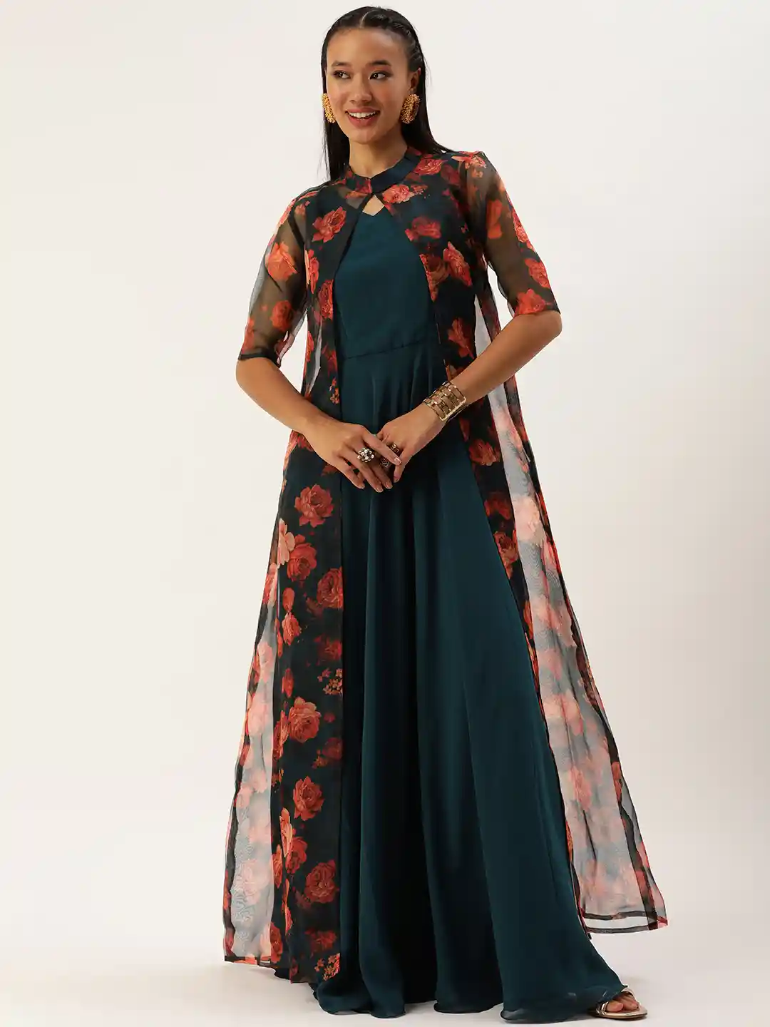 Buy Ethnovog Floral Printed Maxi Gown Dress with Jacket Ethnic