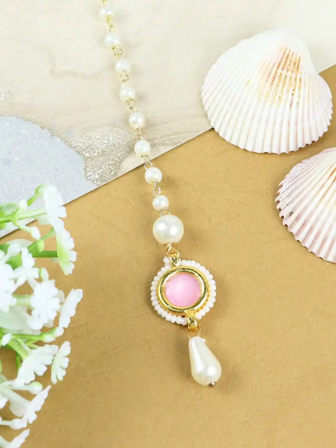 Asthetika Kids Girls Gold-Plated Kundan-Studded Beaded Maang Tikka