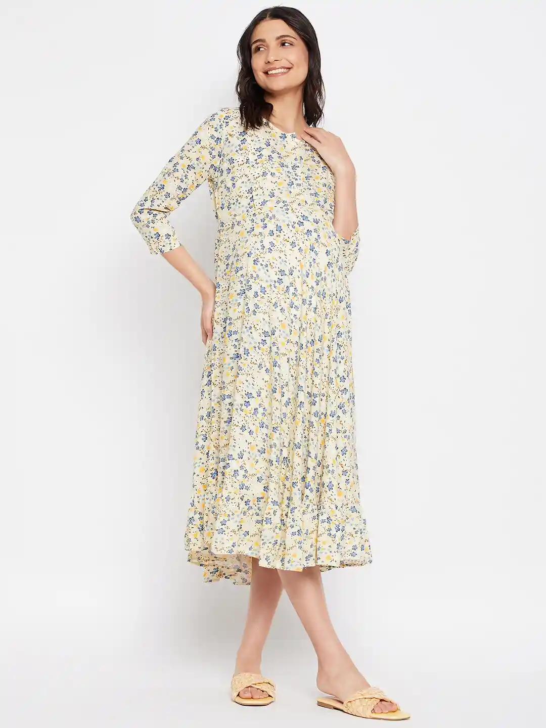 Hypernation Floral Printed Feeding Maternity A-Line Midi Dress