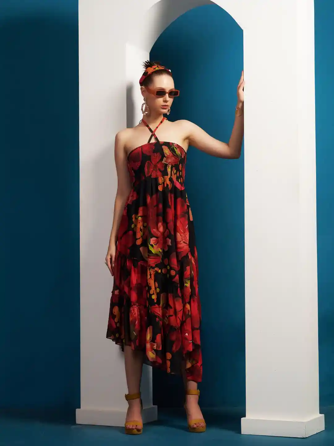 Taurus Floral Printed Tie-Up Neck Smocked Detail Asymmetric Hem Fit Flare  Midi Dress