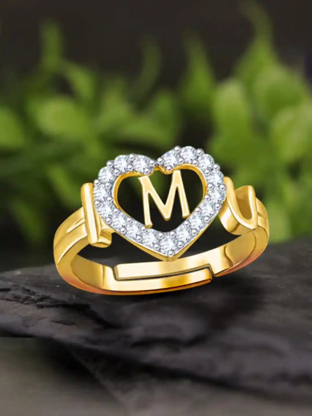 Letter Gold Ring M Alphabet Ring Foliage Signature Nature Inspired
