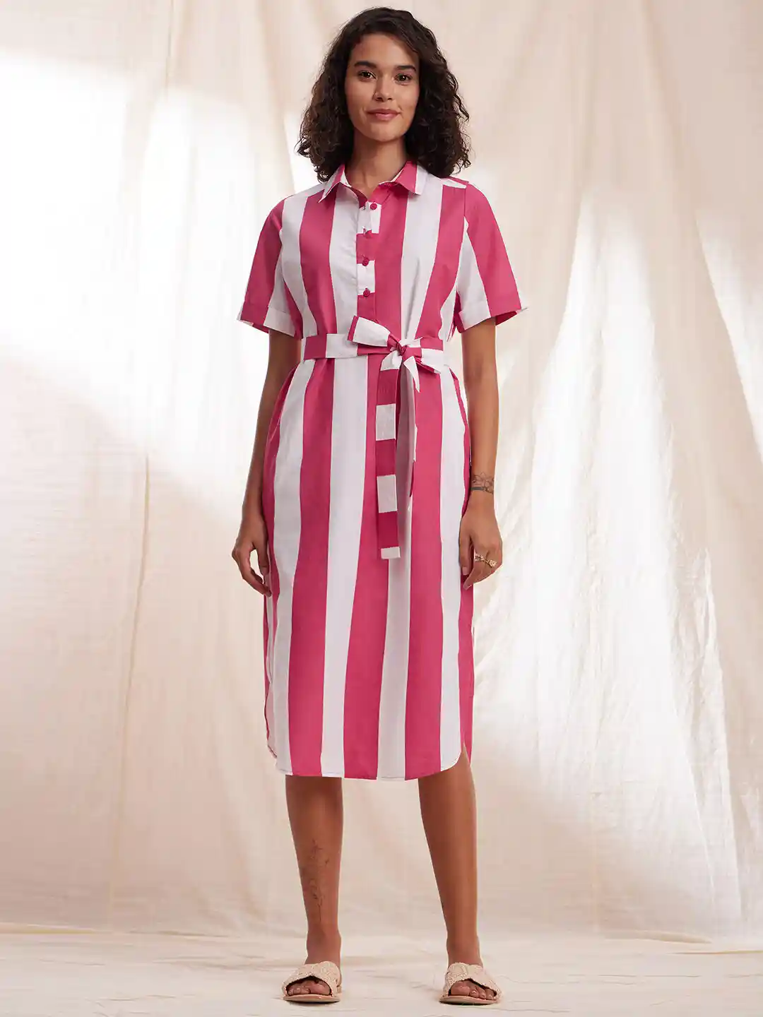 Striped Shirt Belted Cotton Shirt Dress STRIPED SHIRT DRESS ZW