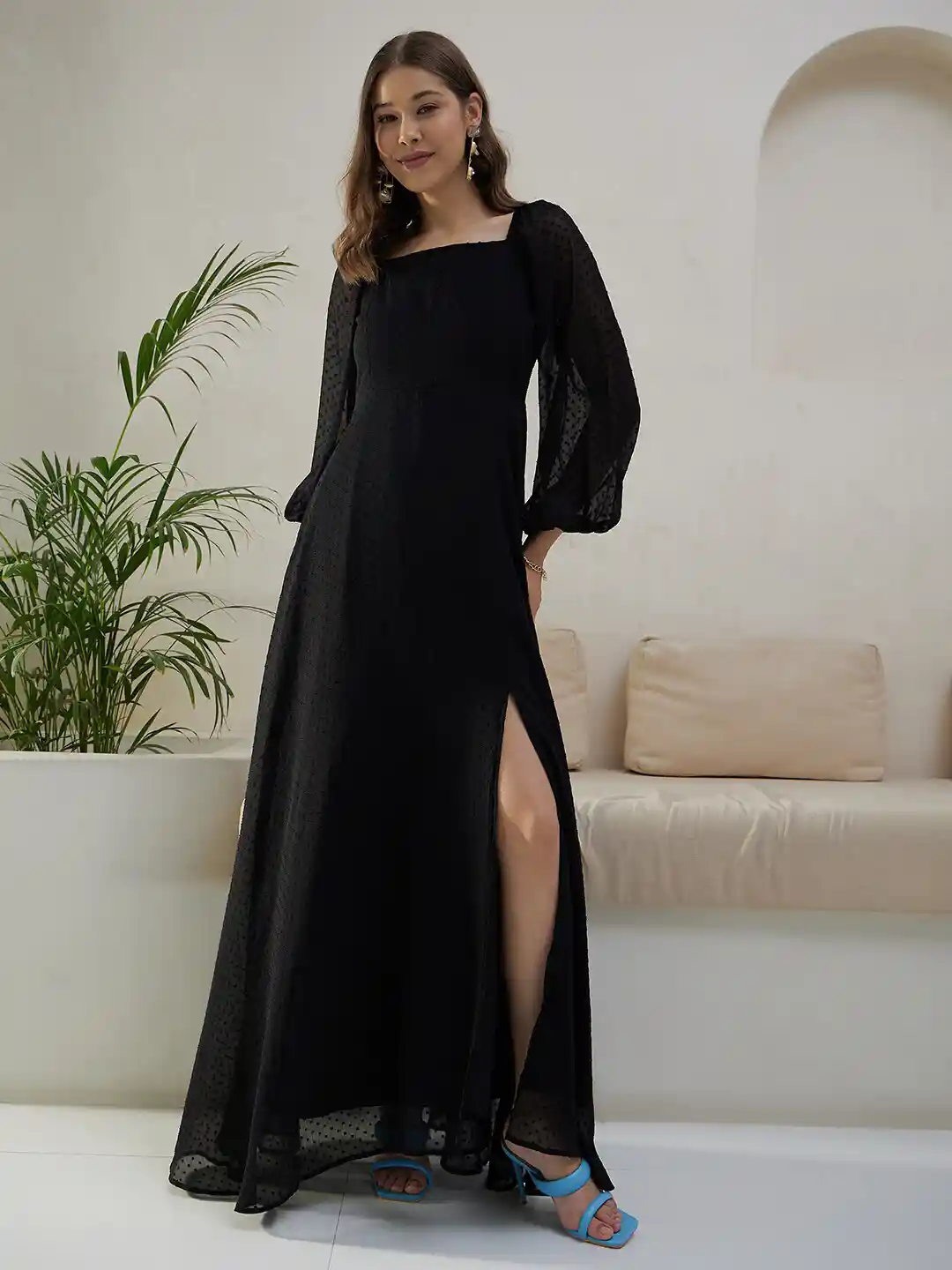 Berrylush Black Self Design Square Neck Puff Sleeves High Slit Maxi Dress