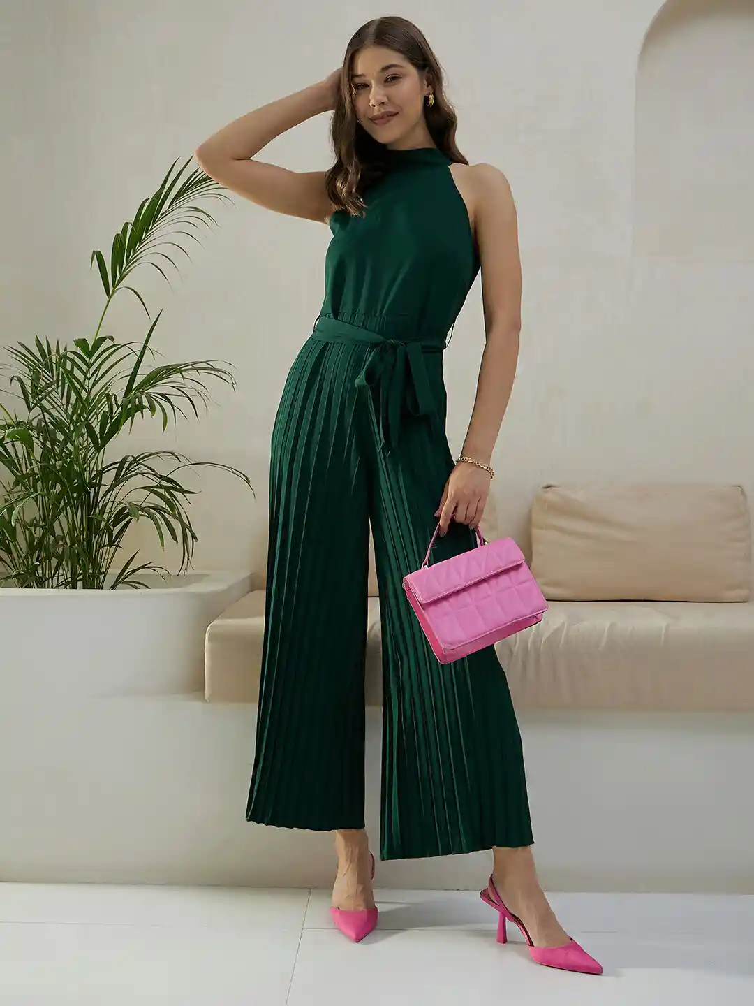 Buy Berrylush Green High Neck Sleeveless Culotte Jumpsuit