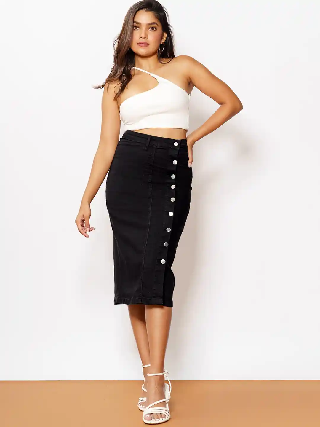 FREAKINS Black Straight Hem Casual Midi A-Line Skirt