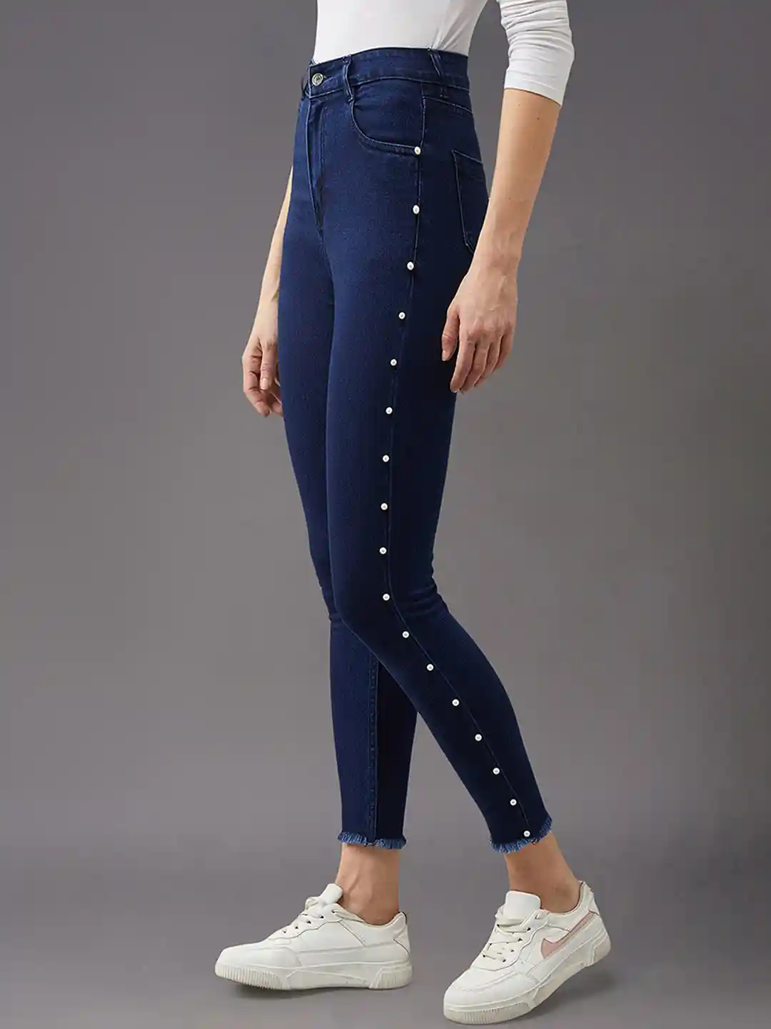 Buy Miss Chase Women Navy Blue High-Rise Clean Look Embellished