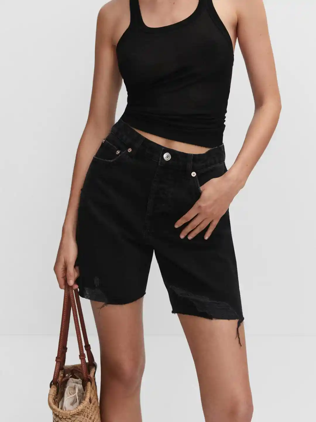 Buy MANGO Women Distressed Loose Fit High-Rise Denim Bermuda