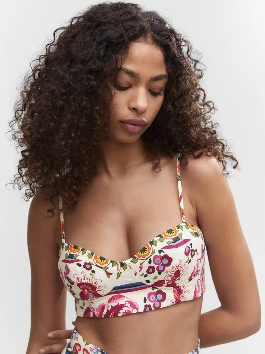 Buy MANGO Linen Cotton Printed Smocked Bralette Crop Top Tops