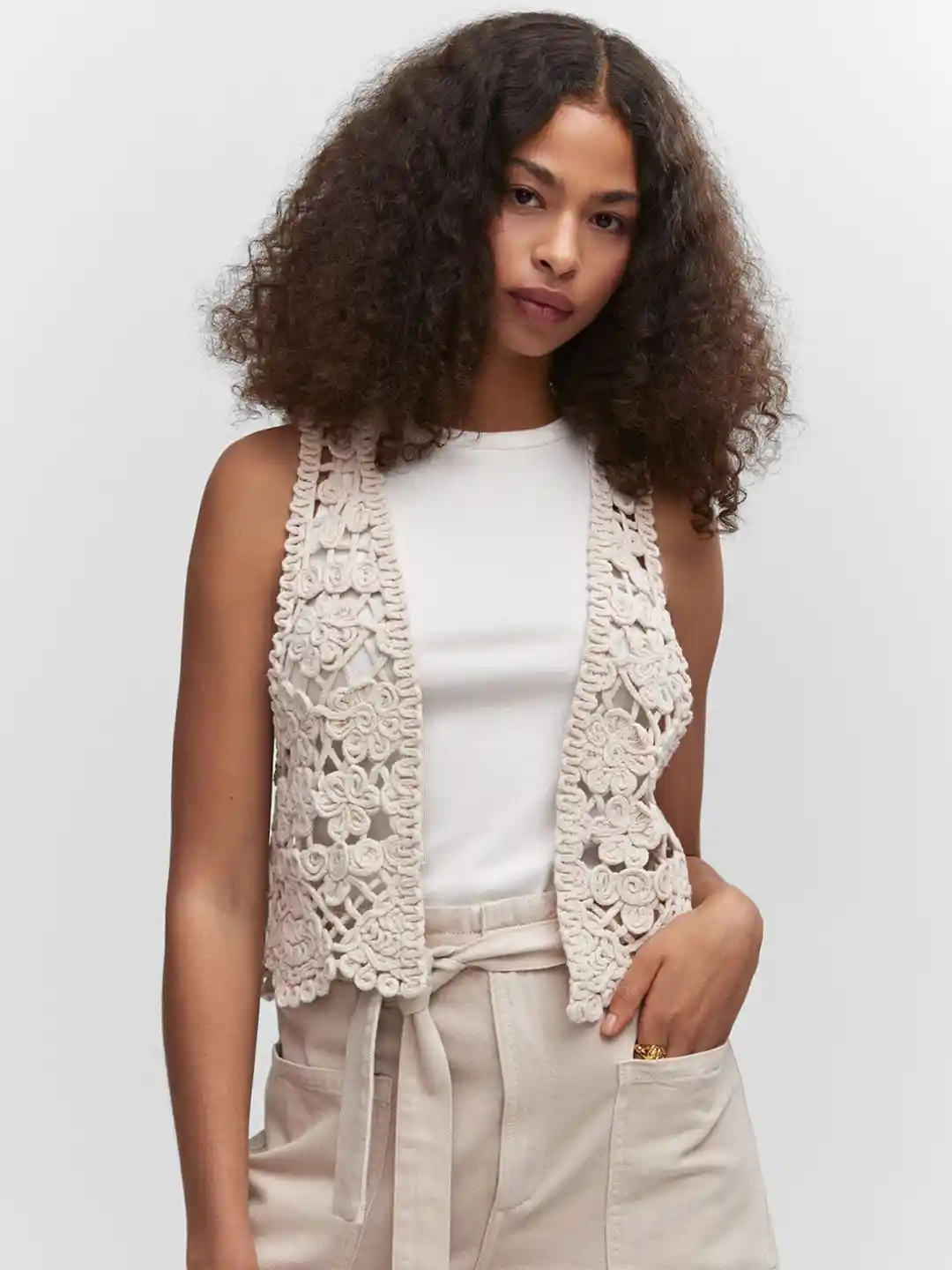 Crochet Sleeveless White Shrug MANGO Crochet Open Front Shrug