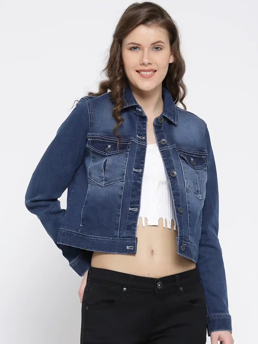 Buy United Colors of Benetton Women Blue Solid Washed Crop Denim - Main Image