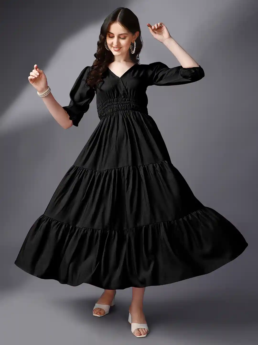 Femvy Smocked Tiered Puff Sleeve Maxi Fit Flare Dress