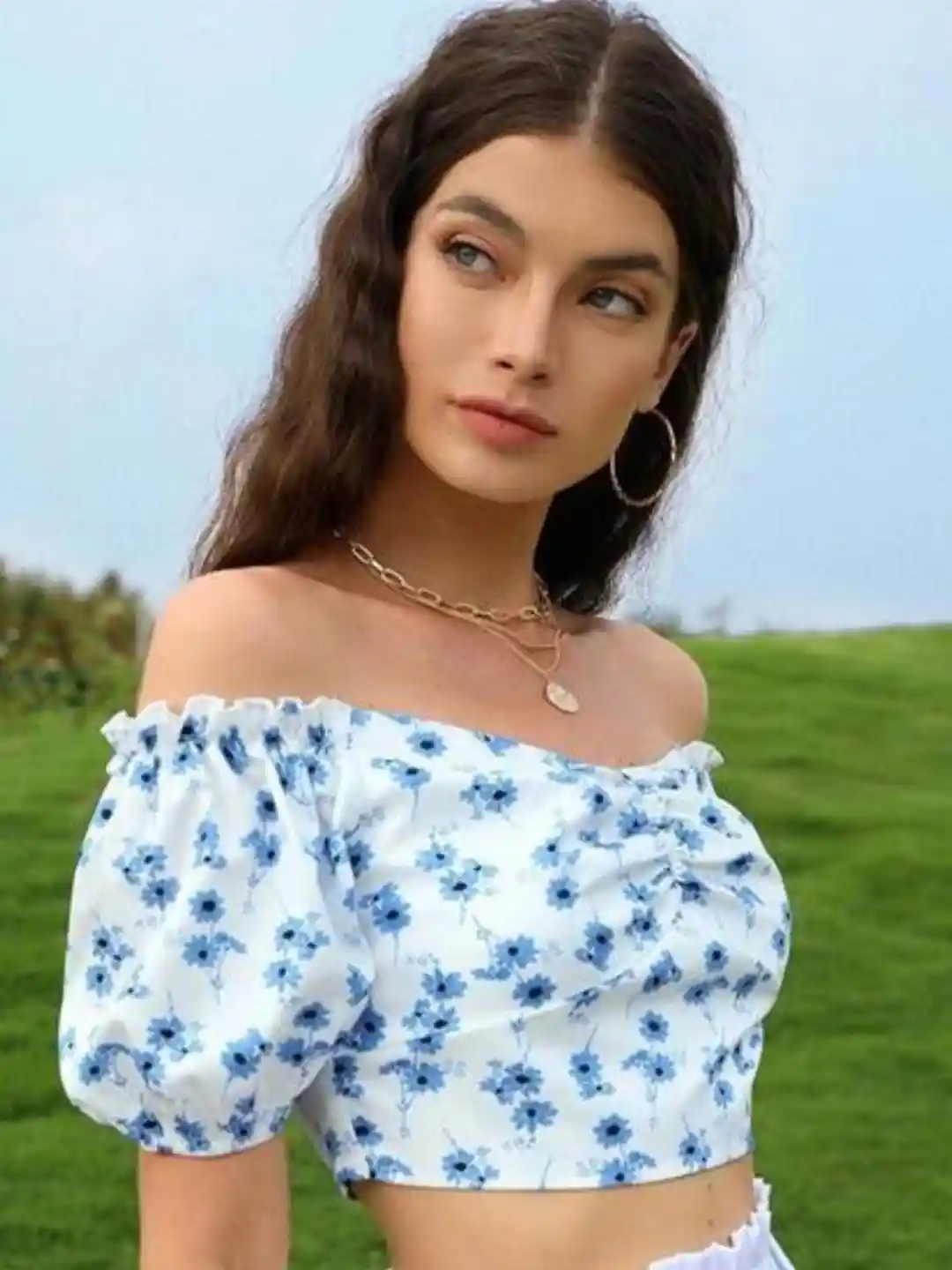 Kotty White Floral Printed Off-Shoulder Bardot Crop Top