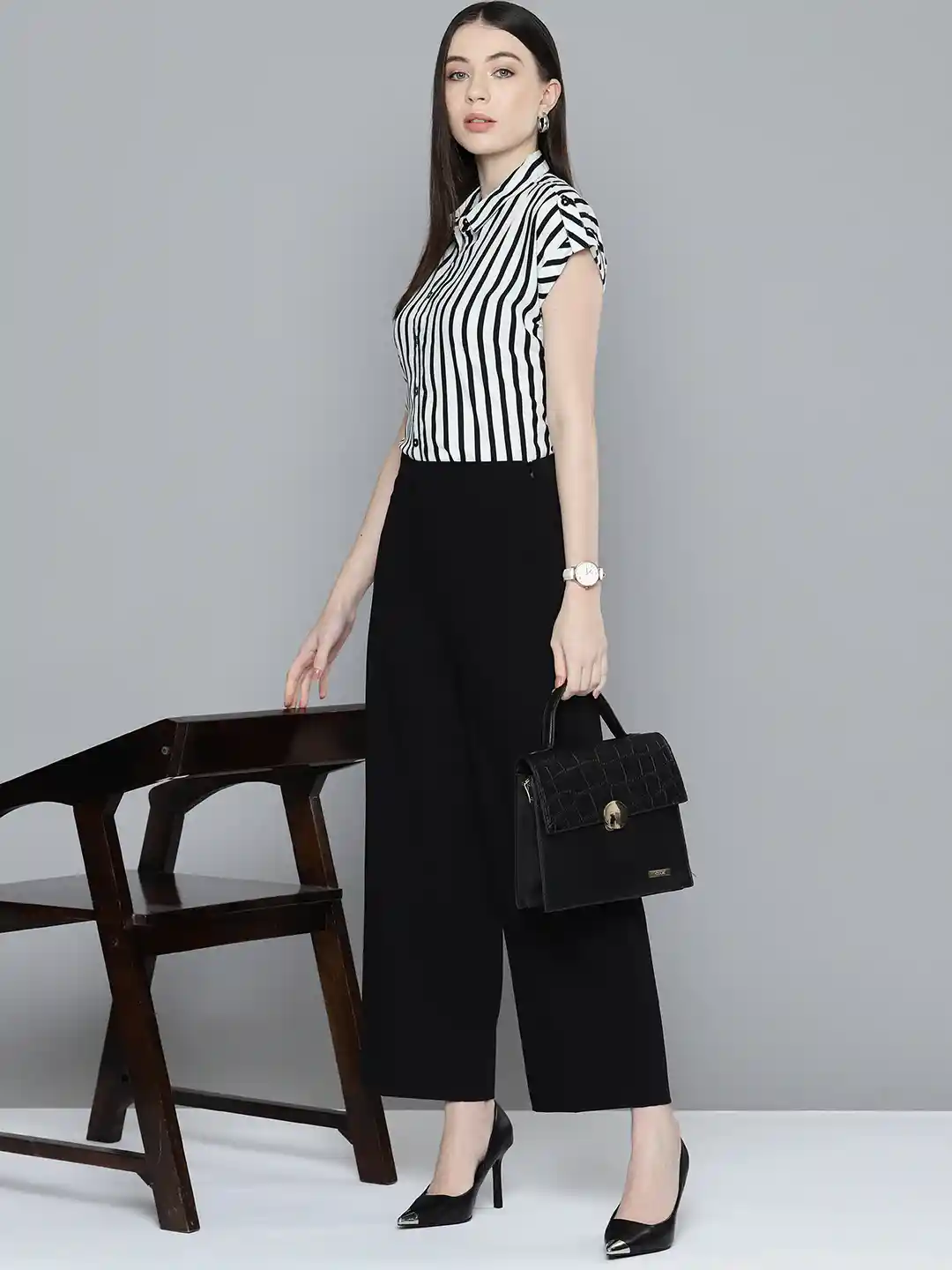 Semi Formal Ladies Black Formal Shirt Semi Formal Striped Formal