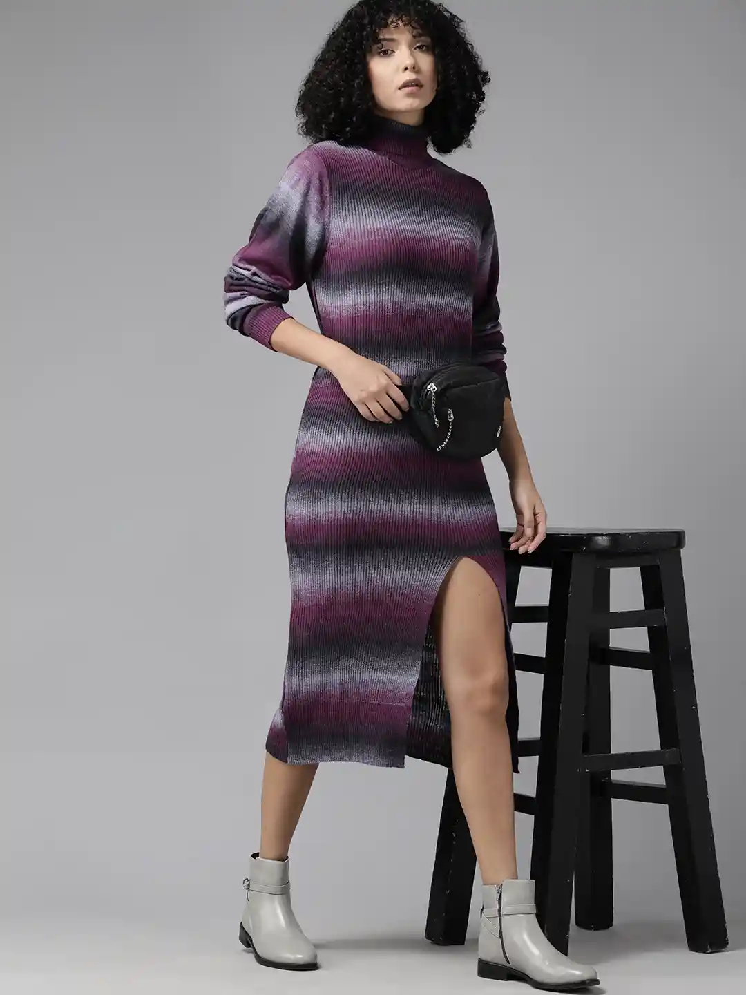 The Roadster Lifestyle Striped Front Slit Acrylic Sweater Dress
