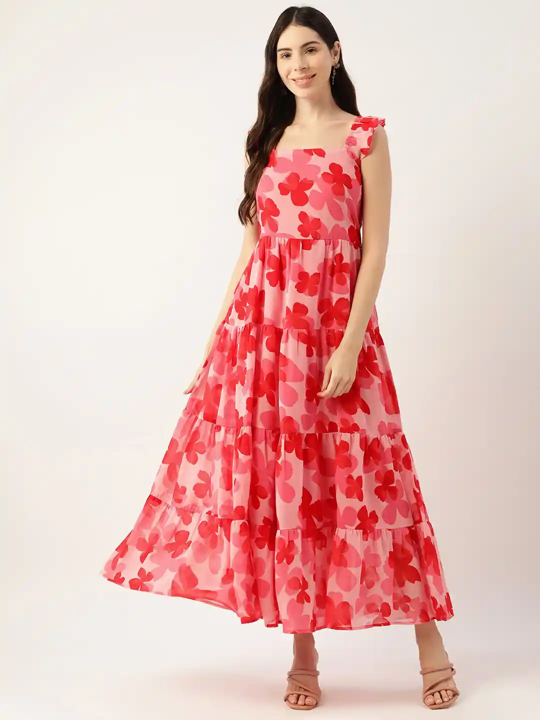 DressBerry Pink Floral Printed Puff Sleeves Square Neck Maxi Dress