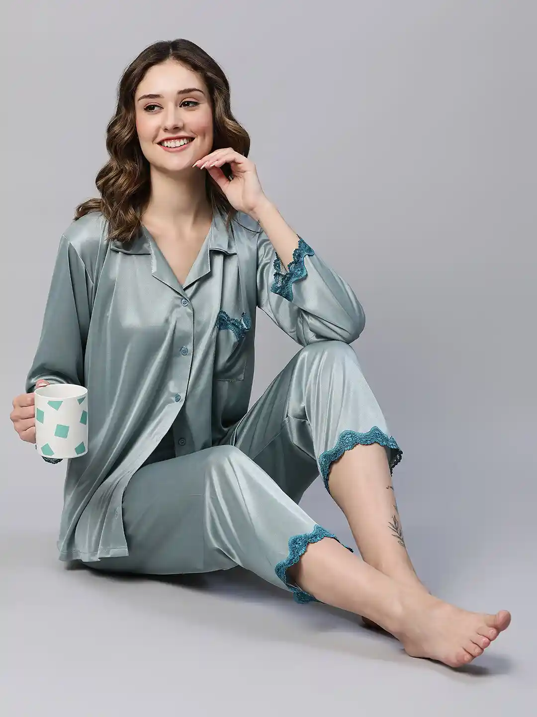 Buy AV2 Notched Collar Lace Work Satin Night Suit Night suits