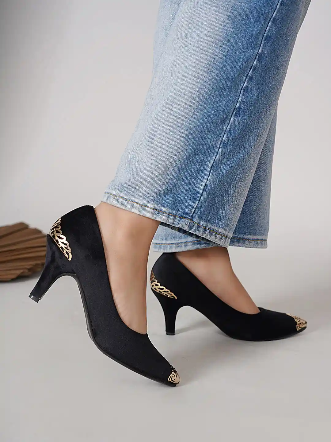 Buy DressBerry Black Gold Toned Embellished Pointed Toe Kitten