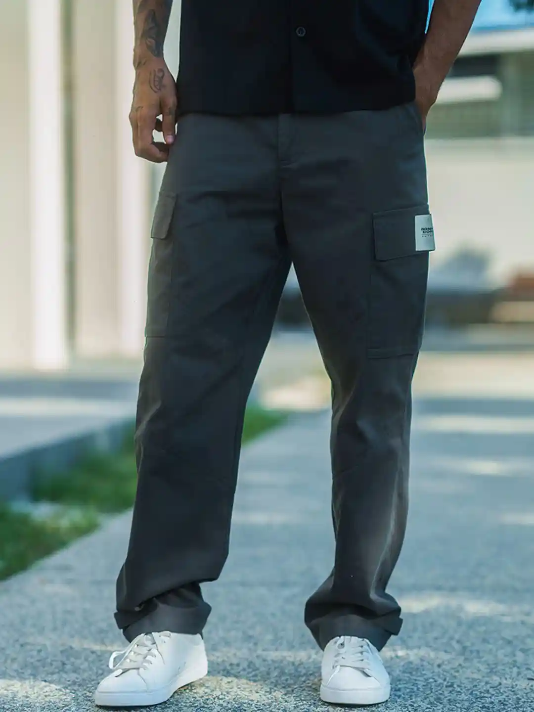 Bonkers Corner Men Grey Cotton Flat-Front Plain Mid-Rise Regular Fit Cargos