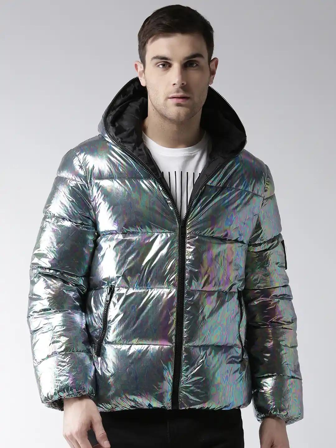 Buy FOREVER 21 Men Silver-Toned Hooded Puffer Jacket with