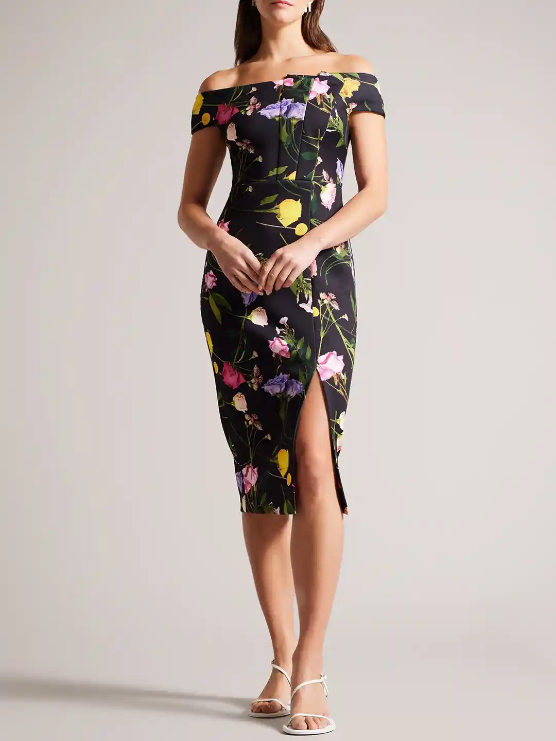 HOT ! Womens Dresses Black Floral Ted Baker Dress Ted Baker Floral Printed  Off-Shoulder Bodycon Midi Dress
