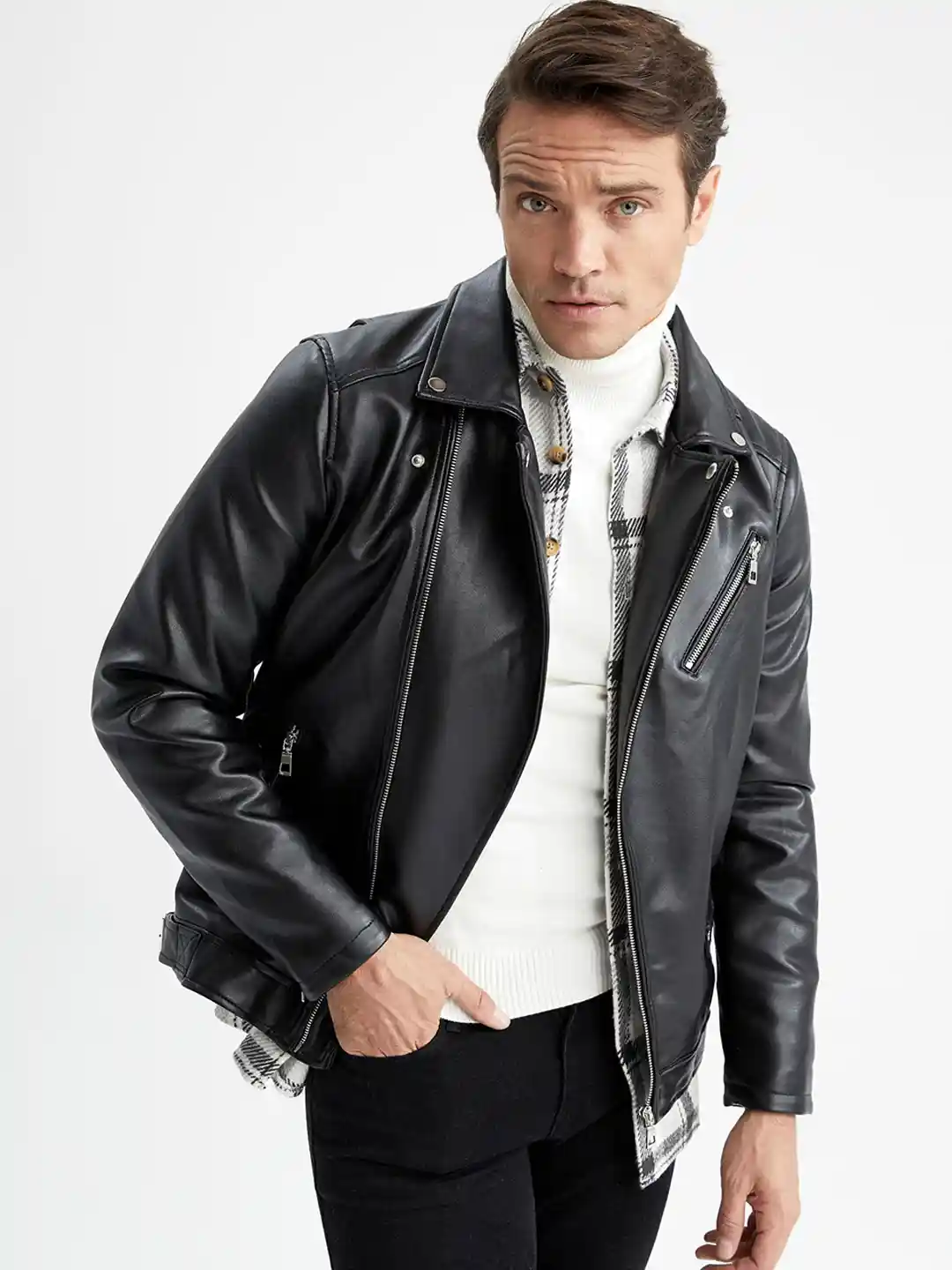 Leder Defacto Jacke Black WOMAN Regular Fit Faux Leather Jacket