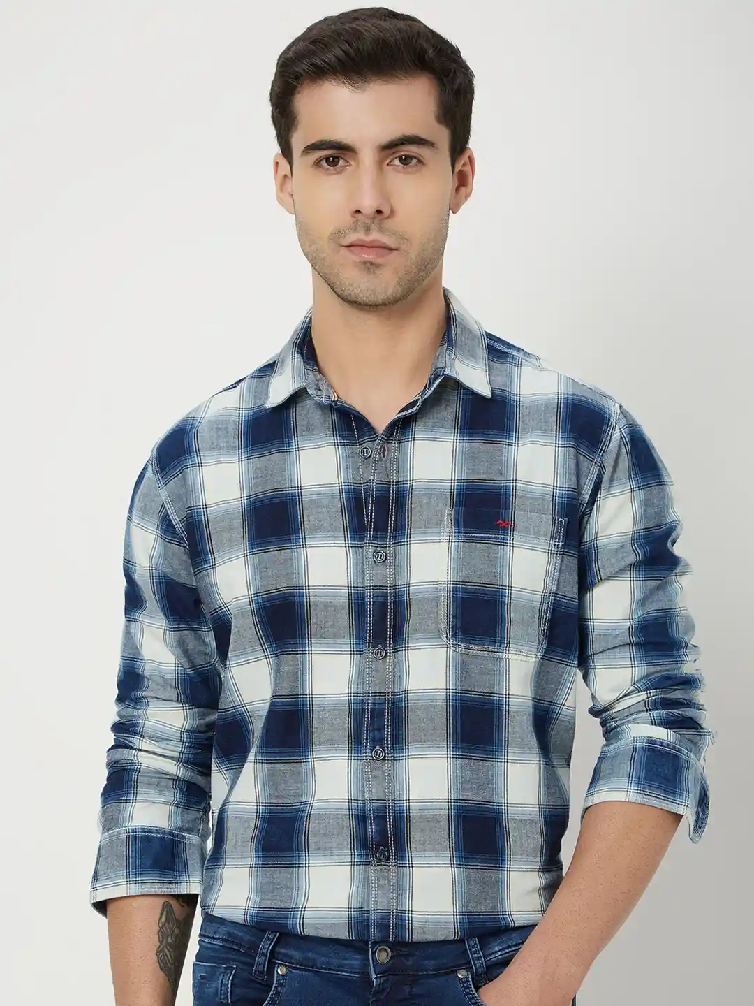 Mufti Tartan Checked Slim Fit Opaque Cotton Casual Shirt