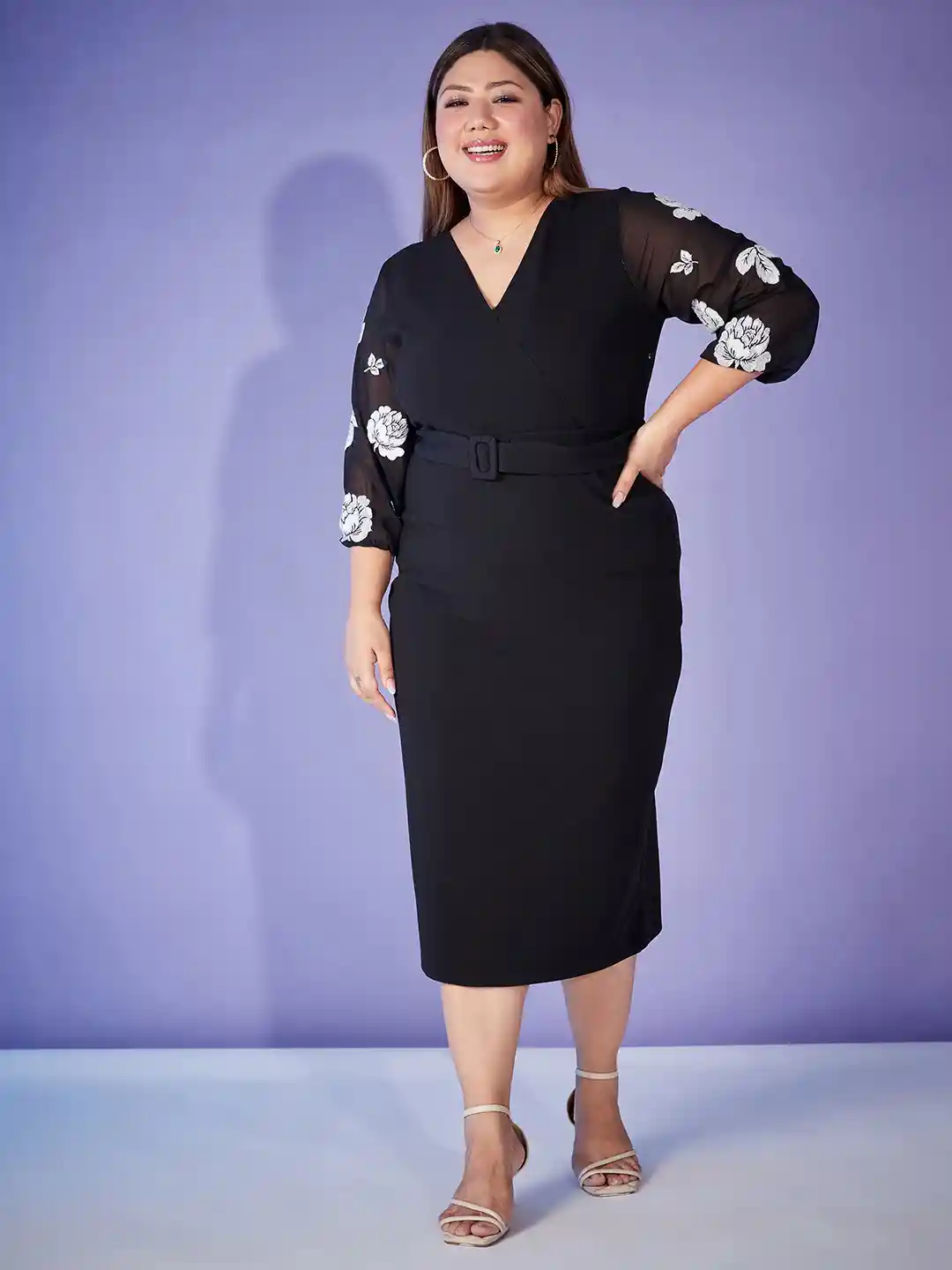 SASSAFRAS Curve Plus Size Black V-Neck Sheath Midi Dress