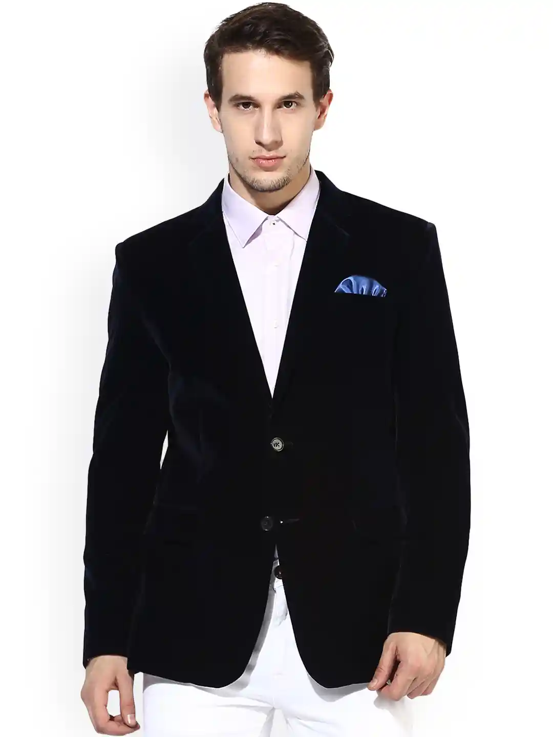 Buy Hangup Navy Blue Velvet Single-Breasted Party Blazer Blazers