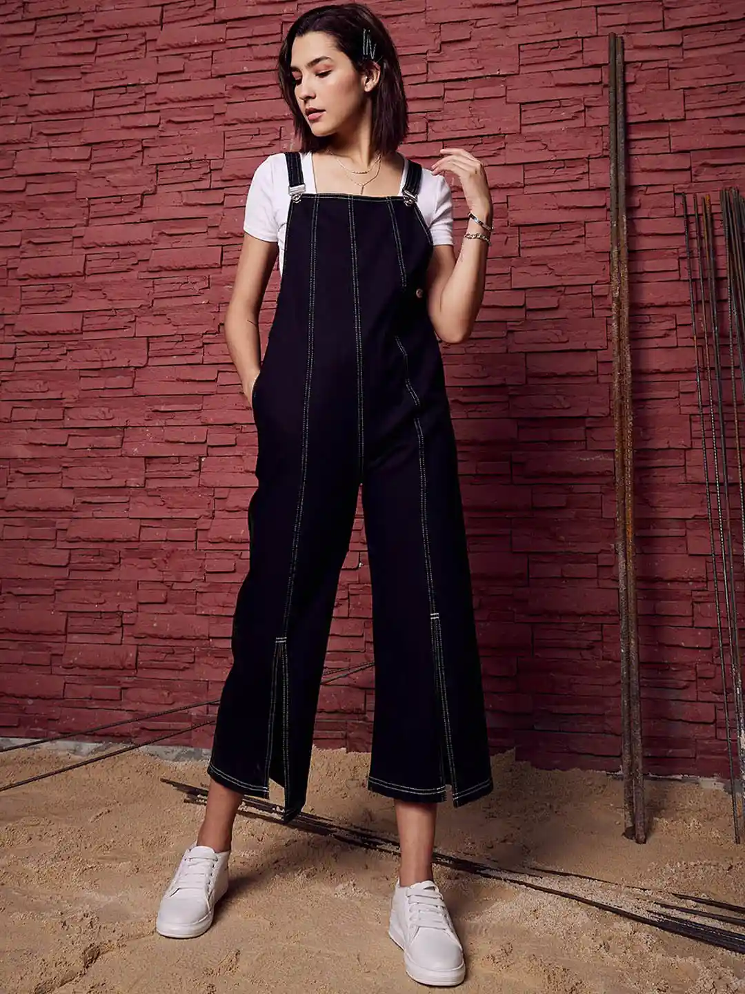 Buy Athena Black Straight Leg Denim Dungarees Dungarees for
