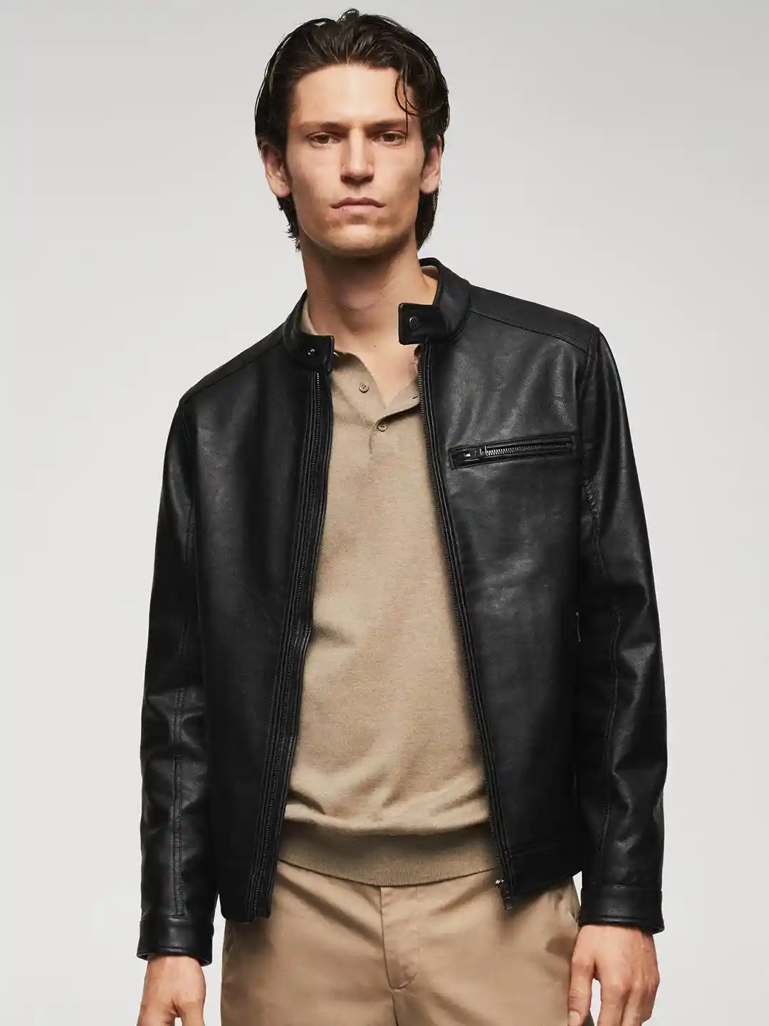 Myntra Mango Black Leather Biker Jacket MANGO MAN Faux Leather