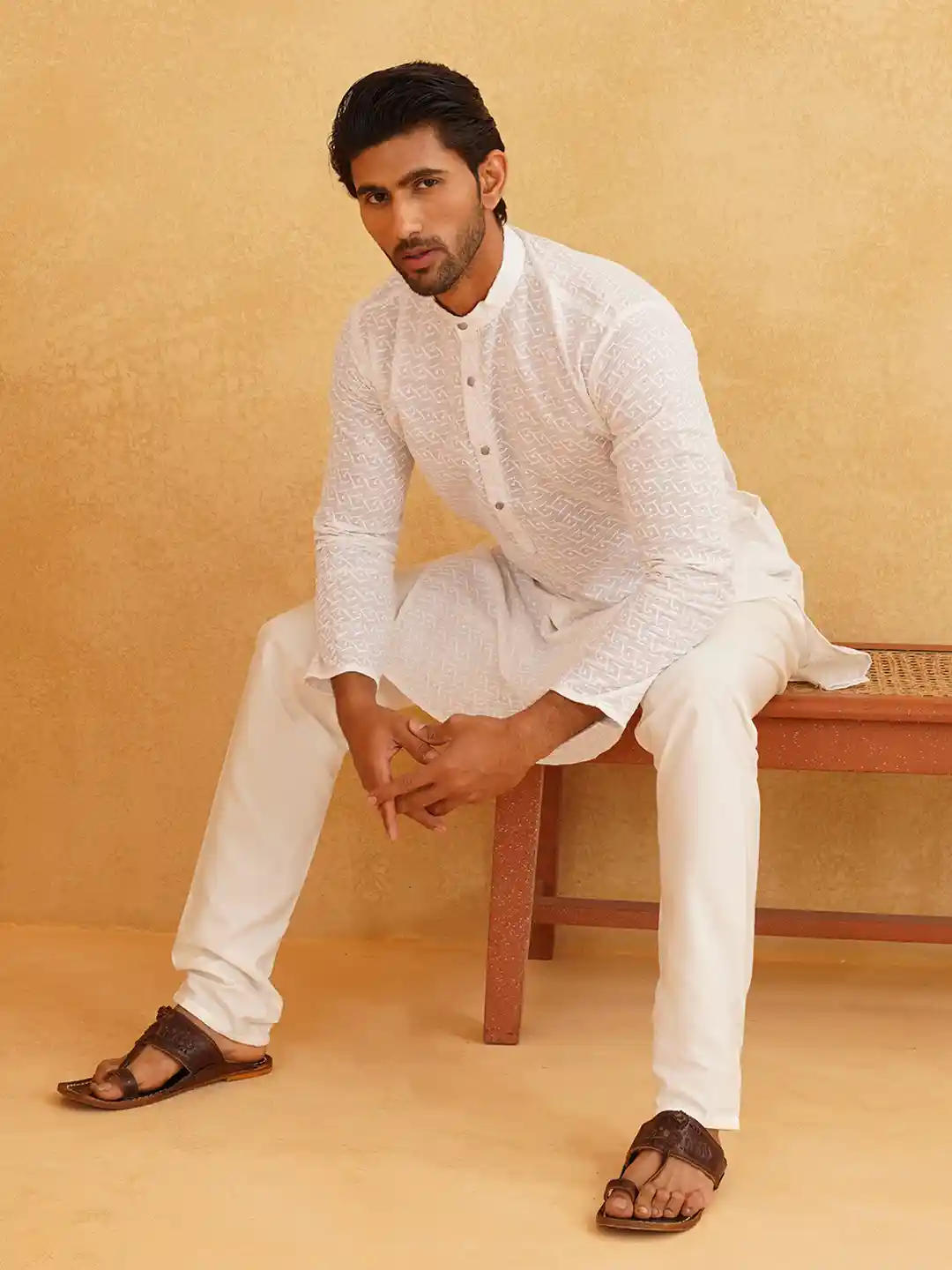 Buy SOJANYA Men White Self Design Kurta with Churidar Kurta Sets