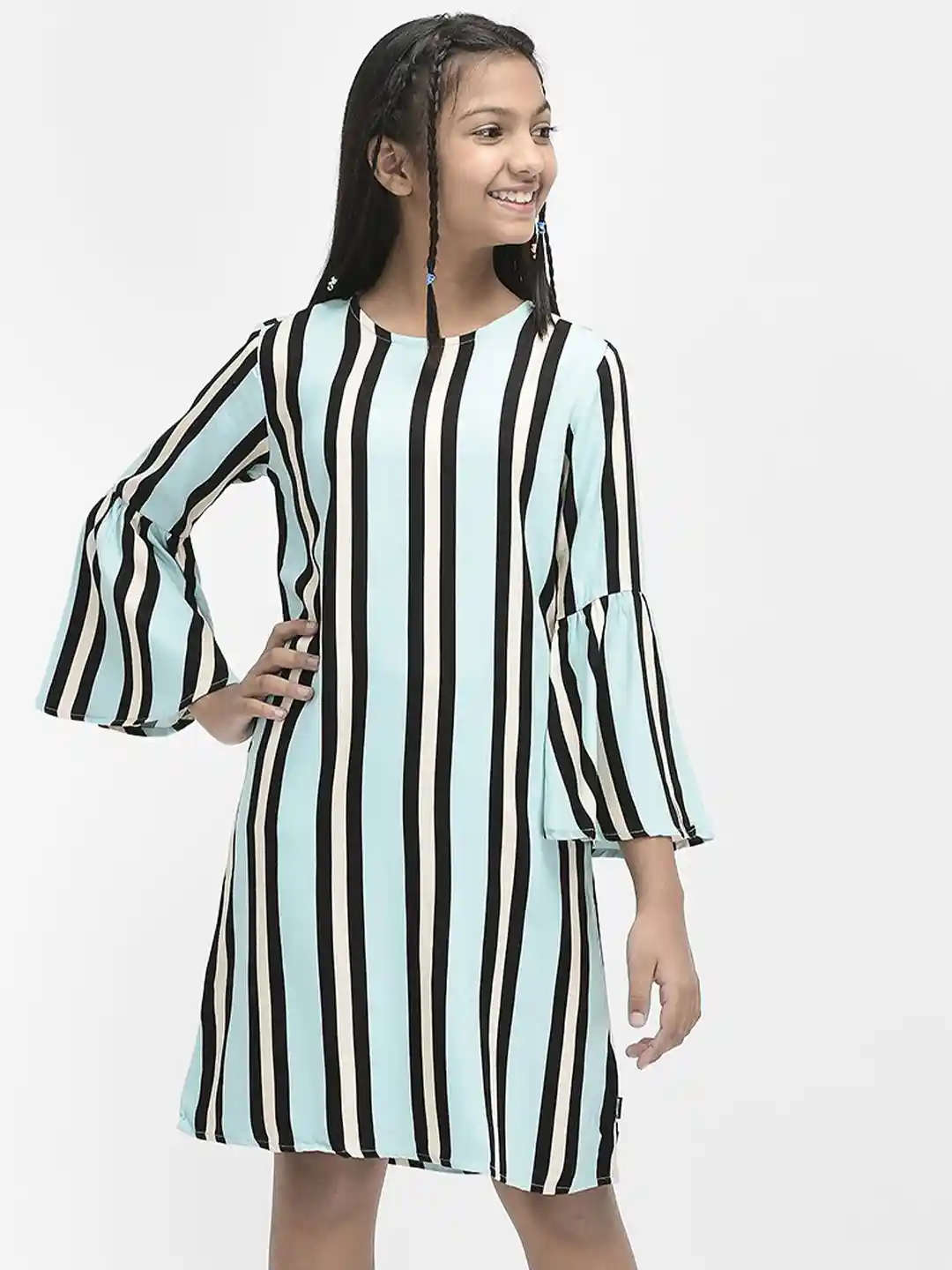 Buy Crimsoune Club Girls Striped Round Neck Bell Sleeve A-Line
