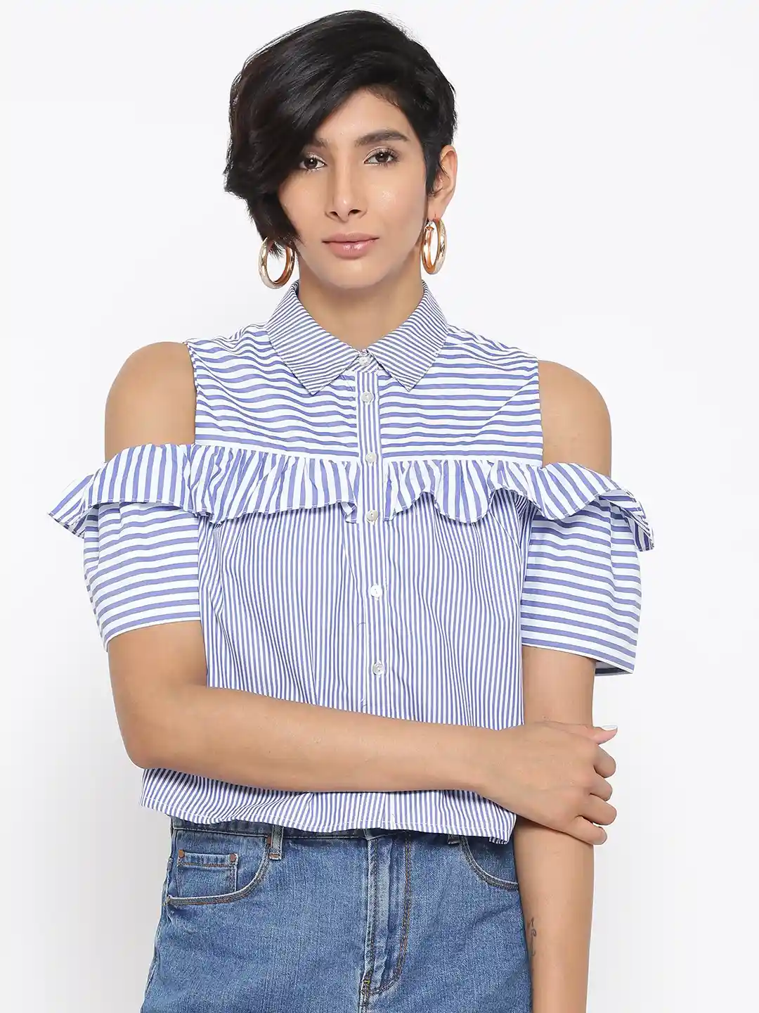 Buy ONLY Women White Blue Striped Cold Shoulder Shirt Style Top