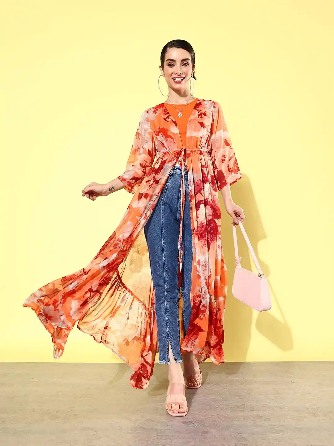 Buy QUIERO Floral Printed Longline Tie-Up Shrug Shrug for Women