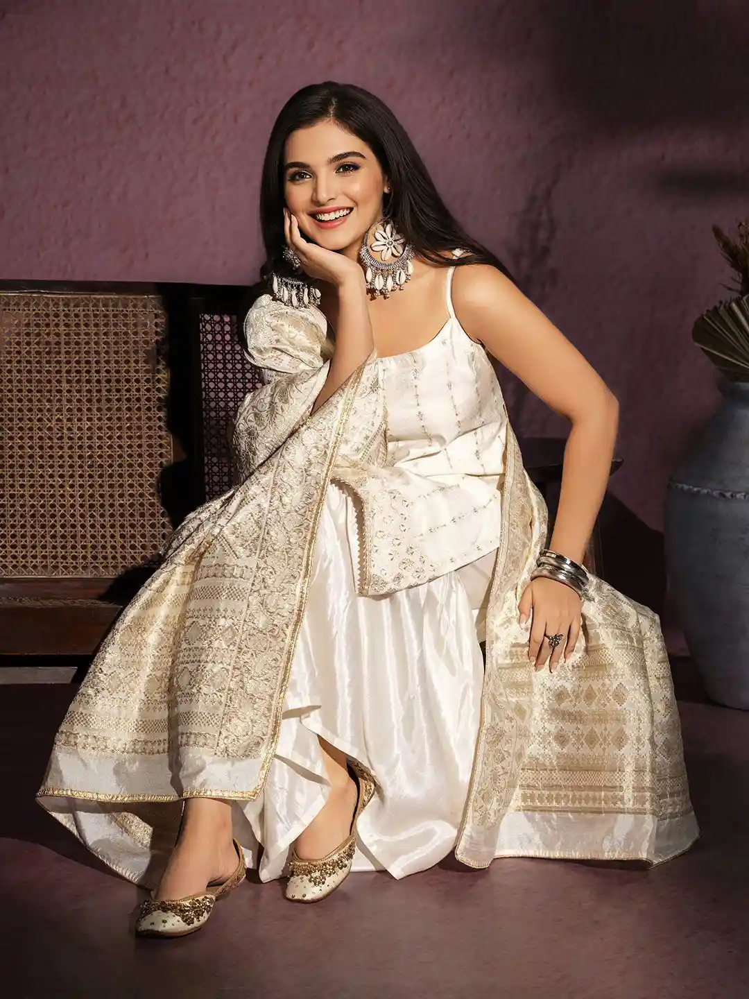 Ishin Women Off White Ethnic Motifs Woven Design Straight Kurta Sharara  with Dupatta