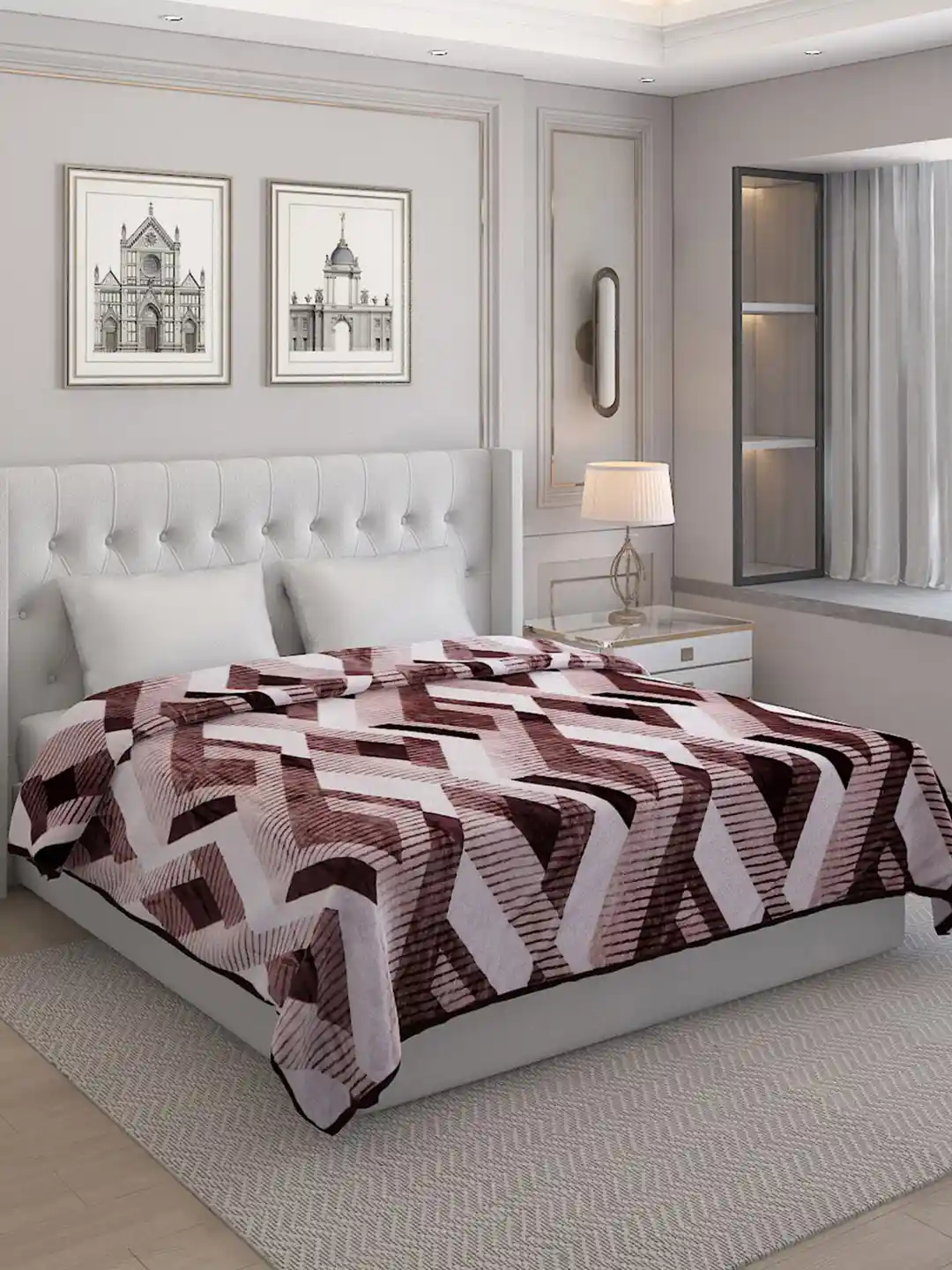 Buy Monte Carlo Brown Beige Geometric AC Room 300 GSM Double Bed